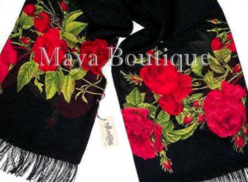 Scarf Red Gypsy Roses Georgette with Fringes Maya Matazaro Gift Box USA Made