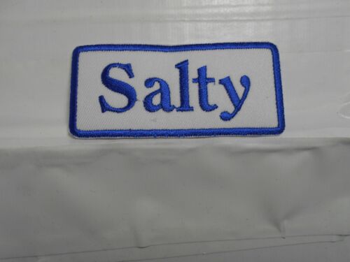 IRON ON NAME PATCH BLUE ON WHITE SALTY  NEW EMBROIDERED  SEW 