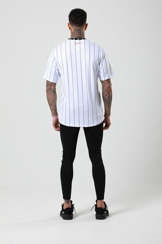 Gym Muscle Tee Hera Sik Sin SNRS ATTIRE White Pinstripe Drop Shoulder Tee
