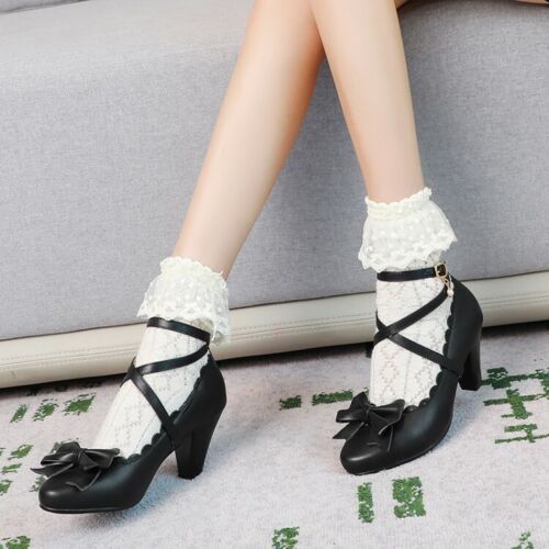 Women/'s Block High Heels Mary Jane Pump Ankle Cross Strap Lolita Bows Shoes Size