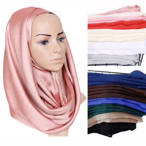 Women Muslim Satin Scarf Wrap Hijab Long Scarves Head Wear Solid Color Scarves