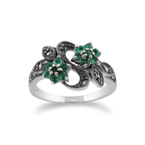Gemondo 925 Sterling Silver Art Nouveau 0.43ct Emerald & Marcasite Floral Ring 