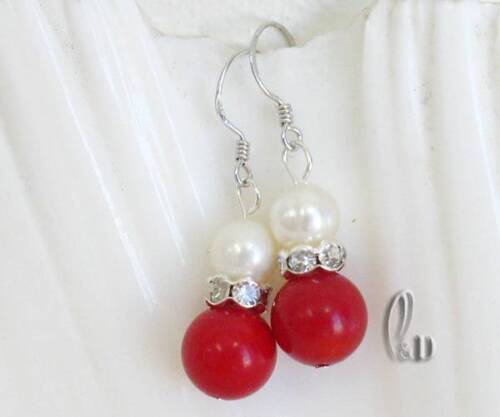 Chic White Genuine pearls/&Red Natural Coral Silver Earrings AU SELLER e015-25