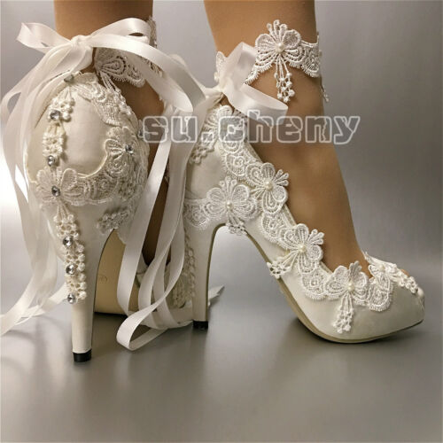 su.cheny Ribbon anklet white ivory satin open toe heel Wedding Bridal shoes size