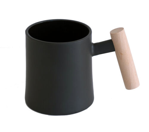 Kaffeebecher Tee-Tasse Steingut Keramik Schwarz Holzgriff Buche Japandi Stil