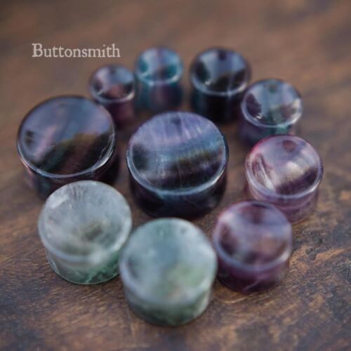 00g to 1" Pair of Concave Rainbow Fluorite Stone Plugs Double Flared ear lobe 