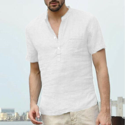 Men Loose Cotton Linen Solid Color Short Sleeve Retro T-Shirt Tops Casual Blouse