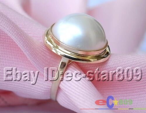 Or 14K énorme Real 8# 20 mm Blanc South Sea Mabe Pearl Ring p788
