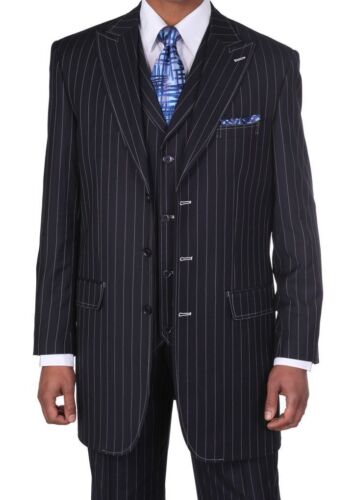 Men's 3 pcs Wool Feel Classic Gangster Pinstripe Suits with Vest 5903 Navy 