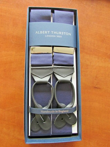 Albert Thurston Plain Barathea Rigid Navy Braces// Black Leather ends Silver Ftgs
