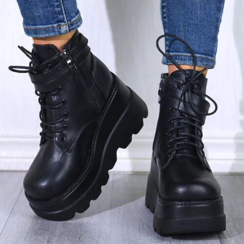 ❤️ Women Ankle Boots Goth Punk Chunky Platform Wedge Heel Zip Lace Up Shoes Size