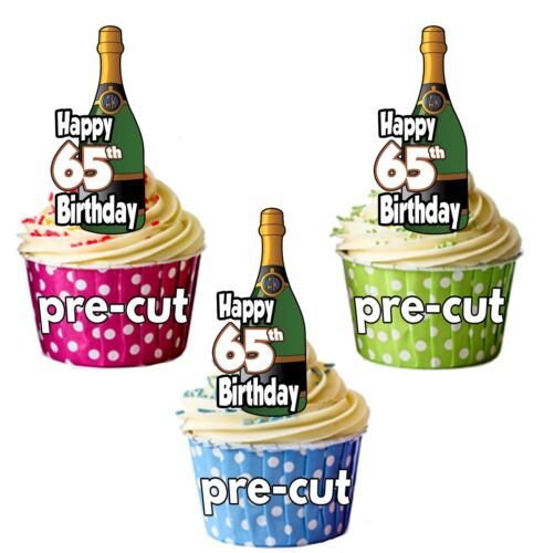 65th Birthday Champagne Bottles - Precut Edible Cupcake Toppers Cake Decorations