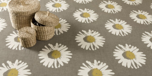 Daisy Chartreuse Grey Floral Oilcloth Wipeclean PVC Vinyl Tablecloth All Shapes 