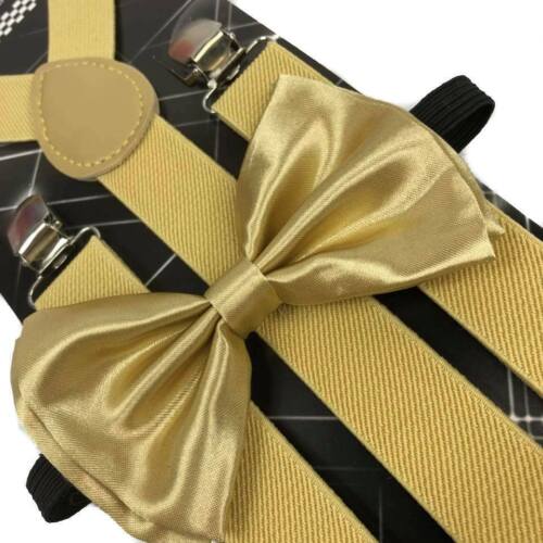 Gold Color Suspender + Clip on Bow-Tie Matching Set for Adults Men Women (USA)