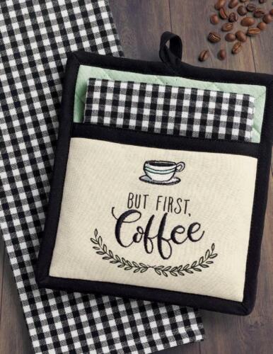 Details about  / Coffee Time Embroidered Potholder Dishtowel Gift Set Black Check