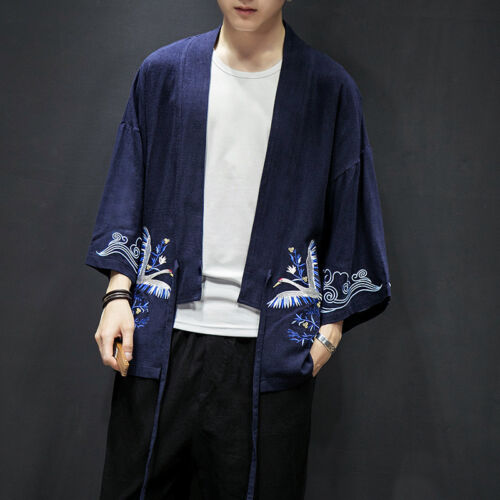 Hommes broderie japonaise kimono Veste Bouffant Manteau Cardigan Outwear Top Haori Chic 