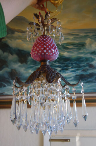 Old Vintage swag plug Lily Icicle Crystal Lamp Chandelier Fenton Cranberry Glass
