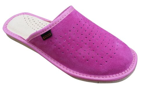 Womens Pink 100% Natural Leather Slippers Mules Slip On Size 3 4 5 6 7 8 