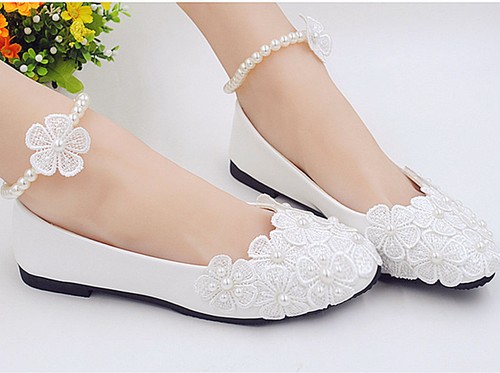 Lace white crystal Wedding shoes Bride flats low high heel wedge size 5-10