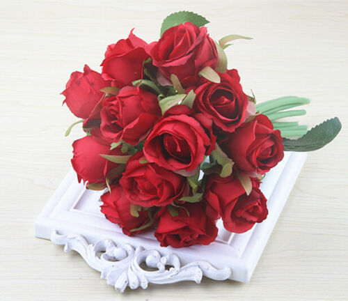 12 Heads Artificial Silk Rose Flowers Fake Bouquet Buch Wedding Home Party Decor