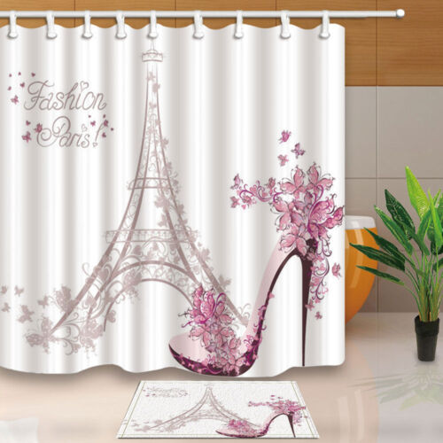 Romantic Paris Eiffel Tower Polyester Fabric Shower Curtain Bathroom Mat 12 Hook