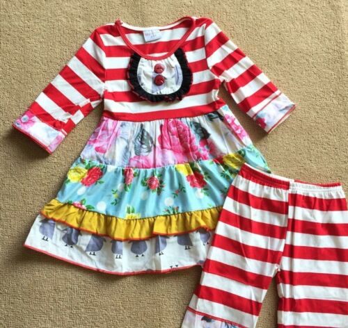 NEW Boutique Girls Striped Chevron Floral Ruffle Tunic Dress Leggings Outfit Set