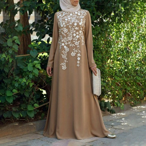 Women Long Sleeve Party Muslim Arab Abaya Maxi Stitching Lace Dress Kaftan