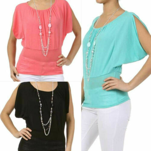 Blouse Top Dolman Slub Ruched Neckline Necklace Solid Coral Black Mint New Small