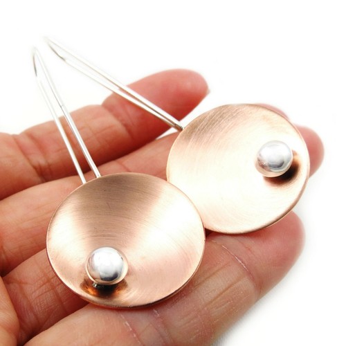 Long 925 Sterling Silver and Brushed Copper Threader Earrings in a Gift Box