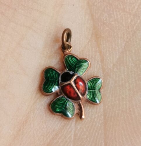 Details about  &nbsp;Vintage Antique Enamel Pendant Four Leaf Clover with Ladybug Small Charm Bracele