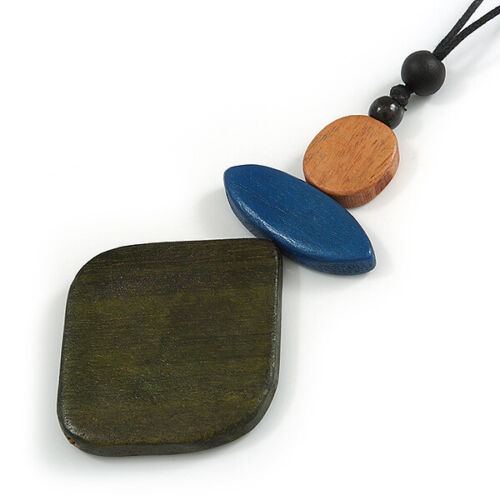 Green// Blue// Brown Geometric Wood Pendant with Black Waxed Cotton Cord 86cm