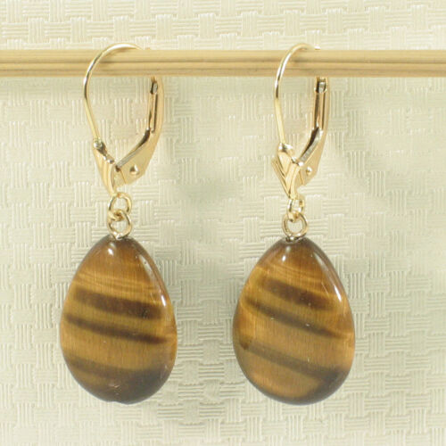 14k Yellow Solid Gold Lever Back Genuine Brown Tiger-Eye Dangle Earrings TPJ