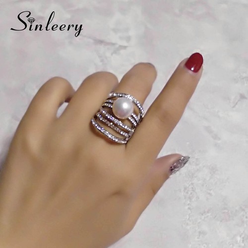 Hollow Big Multilayer Crystal Pearl Statement Rings For Women Gold Sliver Party