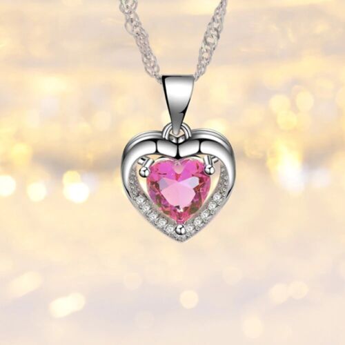 Sterling Silver Heart Necklace Crystal Stone Pendant Chain Womens Jewellery Gift 