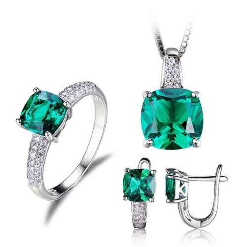 Mariage Argent 925 Bijoux Set Collier Boucle d/'oreille Ring emerald Bridal Cadeau Gems
