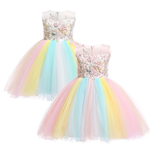 Flower Girl Unicorn Tutu Dress Rainbow Princess Birthday Party Christmas Costume