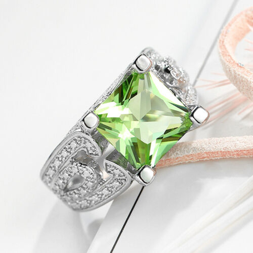 European Fashion Square Green Peridot Quartz Gems Silver Woman Ring Size 6-10