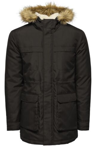 Only & Sons John Faux Fur Parka Jacket Mens Warm Long Hooded Padded Winter Coat 
