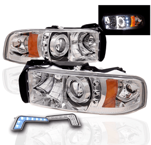 1994-2001 DODGE RAM CHROME PROJECTOR HALO HEADLIGHT LAMP+BLUE SIGNAL LED DRL SET