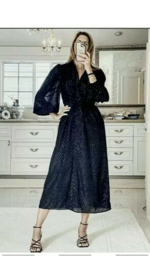 Zara Femme Noir Métallique Fil Longue Robe Chemise Taille XL Bnwt