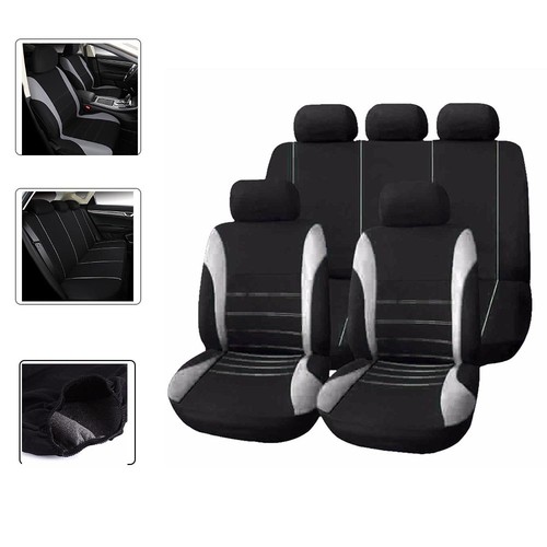Black Gray Car Seat Cover 5-seat Front Rear Cushion HeadRest Protector Universal