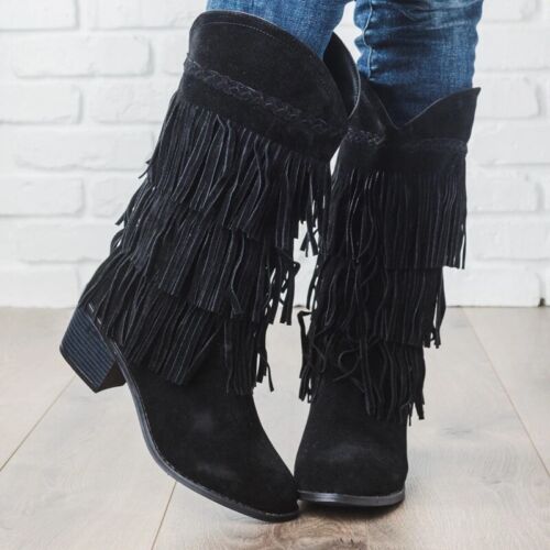 Women Faux Suede Mid Calf Boots Ladies Tassel Mid Block Heel Casual Cowboy Shoes