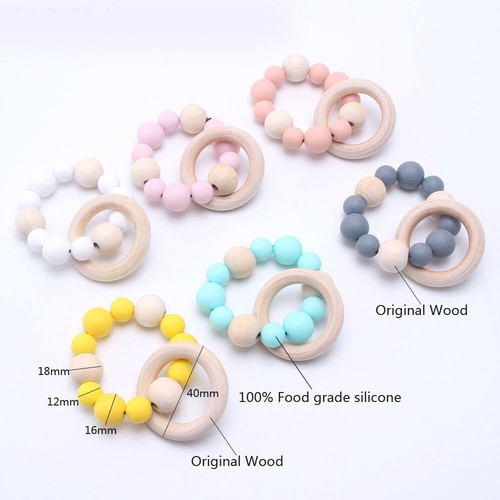 Safely Silicone Round Beads Natural Wood Ring Baby Teething Bracelet Pram Rattle