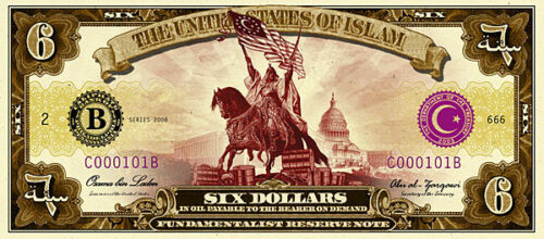 moneyart by Stephen Barnwell United States of Islam $6 Caliphate B note