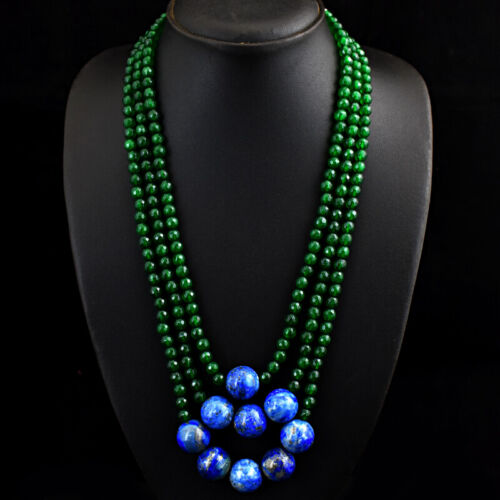 668.00 Cts Natural 3 Strand Onyx & Lapis Lazuli Round Beads Necklace JK 01E283 