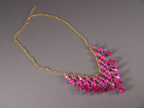 Pink Gold tone chain link bib collar dangle statement necklace 18-19.5 long 