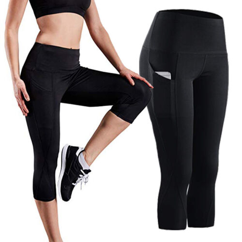 HOT Womens Gym Yoga Workout Fitness Compression Capri Leggings Pants Pockets X39 