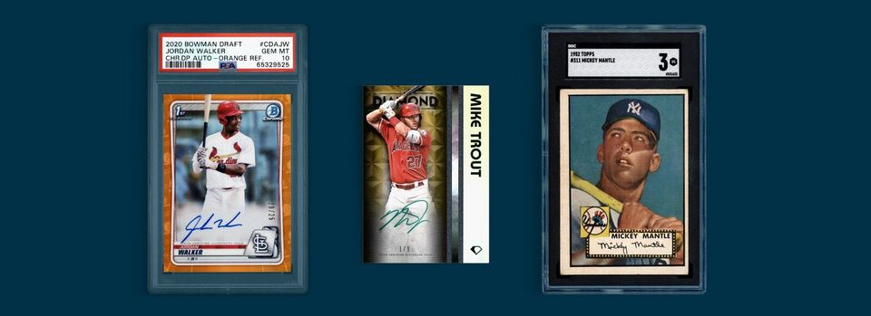 Three baseball trading cards sit against a navy background. From left to right, a signed Jordan Walker PSA DNA 2020 Bowman Rookie baseball card, a signed Mike Trout Diamond card, and a 1992 Topps Mickey Mantle card.
