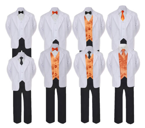 5-7pc Formal Black White Tuxedo Suit Orange Bow Necktie Vest Boy Baby Sm-20 Teen 