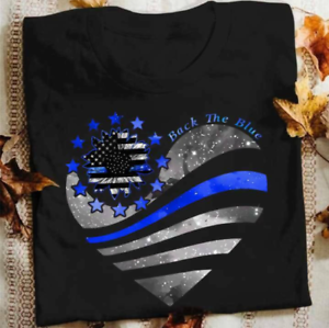 Back The Blue Black Cotton T-Shirt S-5XL Thin Blue Line Sunflower Heart Love